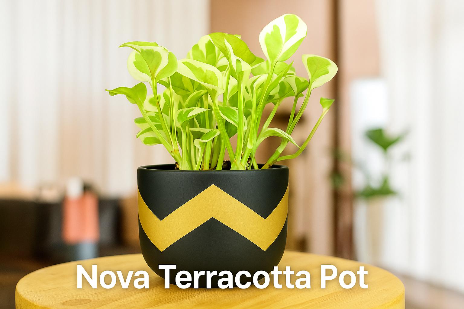 Modern Nova Terracotta Pot with bold gold chevron design and lush green Pothos plant, displayed on a wooden surface in a stylish indoor setting.